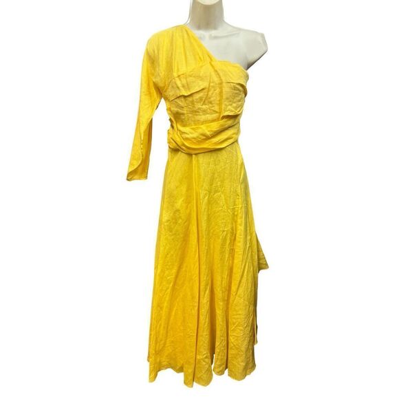 RACHEL COMEY Tipple One Shoulder Pleated Linen Asymmetrical Dress in Yellow Size - Picture 6 of 8
